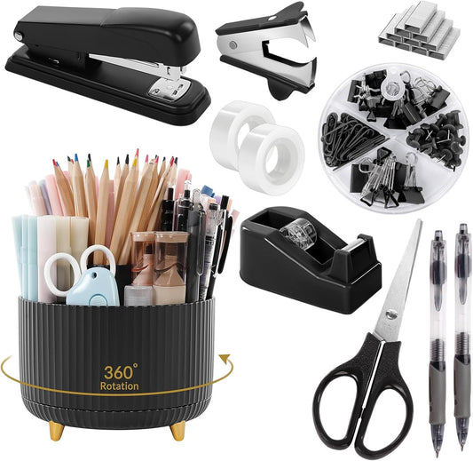 Black Office Supplies, Black Office Desk Accessories 10PCS, Pencil Holder for Desk, Stapler, Tape Dispenser, Scissors, Ruler, Clips and 1000Pcs Staples, Desk Supplies Set