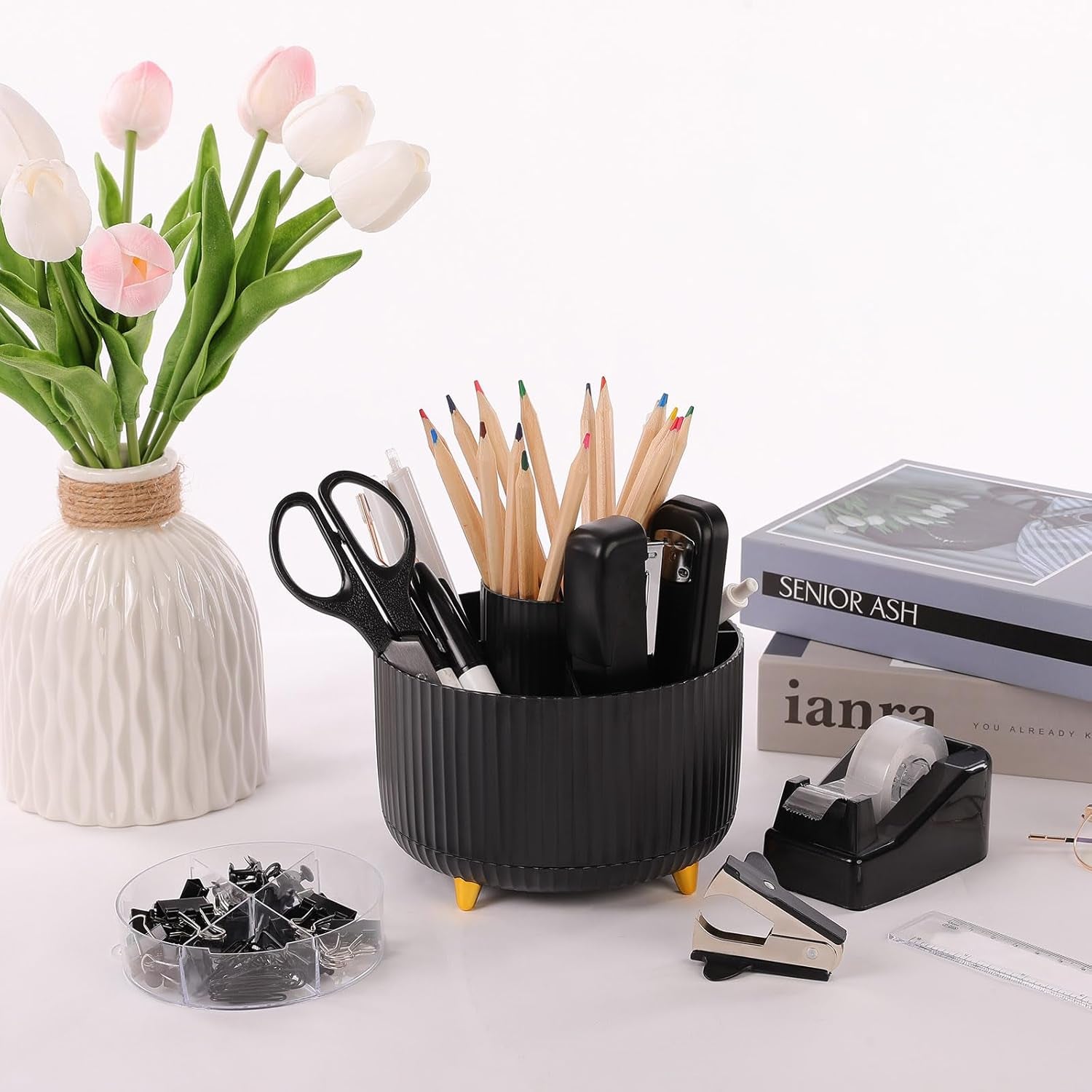 Black Office Supplies, Black Office Desk Accessories 10PCS, Pencil Holder for Desk, Stapler, Tape Dispenser, Scissors, Ruler, Clips and 1000Pcs Staples, Desk Supplies Set